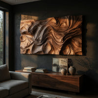 Rectangular dune textured wood wall relief above a low console in an evening living room