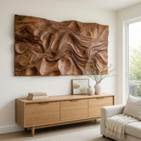 Rectangular dune textured wood wall relief above a light oak sideboard in daylight