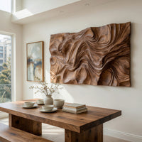 Rectangular dune textured wood wall relief beside a dining table in natural light