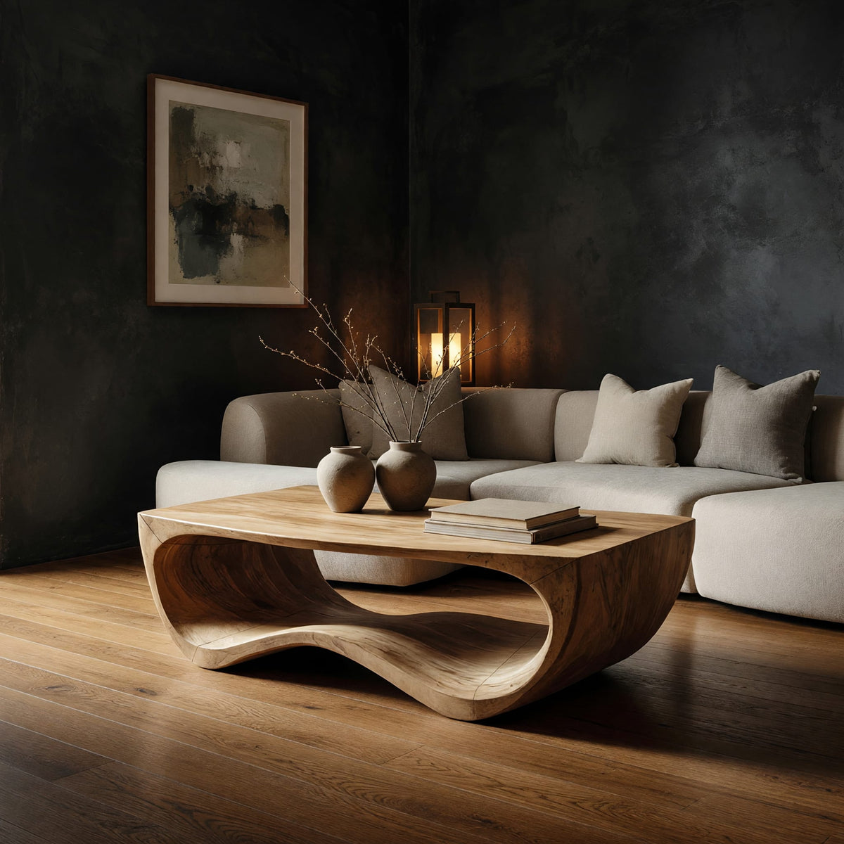 Curved side coffee table with a wave tunnel in a dark studio against a charcoal wall