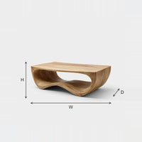 Duneway Coffee Table, Curved Sides Shaped by Hand dimension diagram with height, width and depth