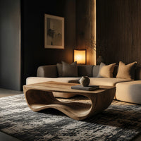 Curved side coffee table with a wave tunnel in a living room at golden hour