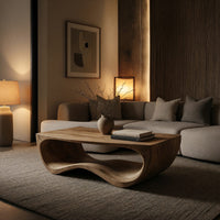 Curved side coffee table with a wave tunnel in an evening room lit by two lamps