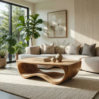 Curved side coffee table with a wave tunnel in a sunlit room with large windows and plants