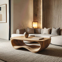 Curved side coffee table with a wave tunnel in an open plan space in daylight