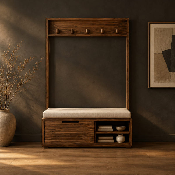 Entryway Storage Bench With Coat Pegs And Cushioned Seat