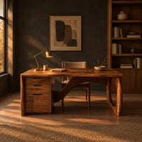 Executive desk with oval ring leg and curved back panel in a dark home office at golden hour