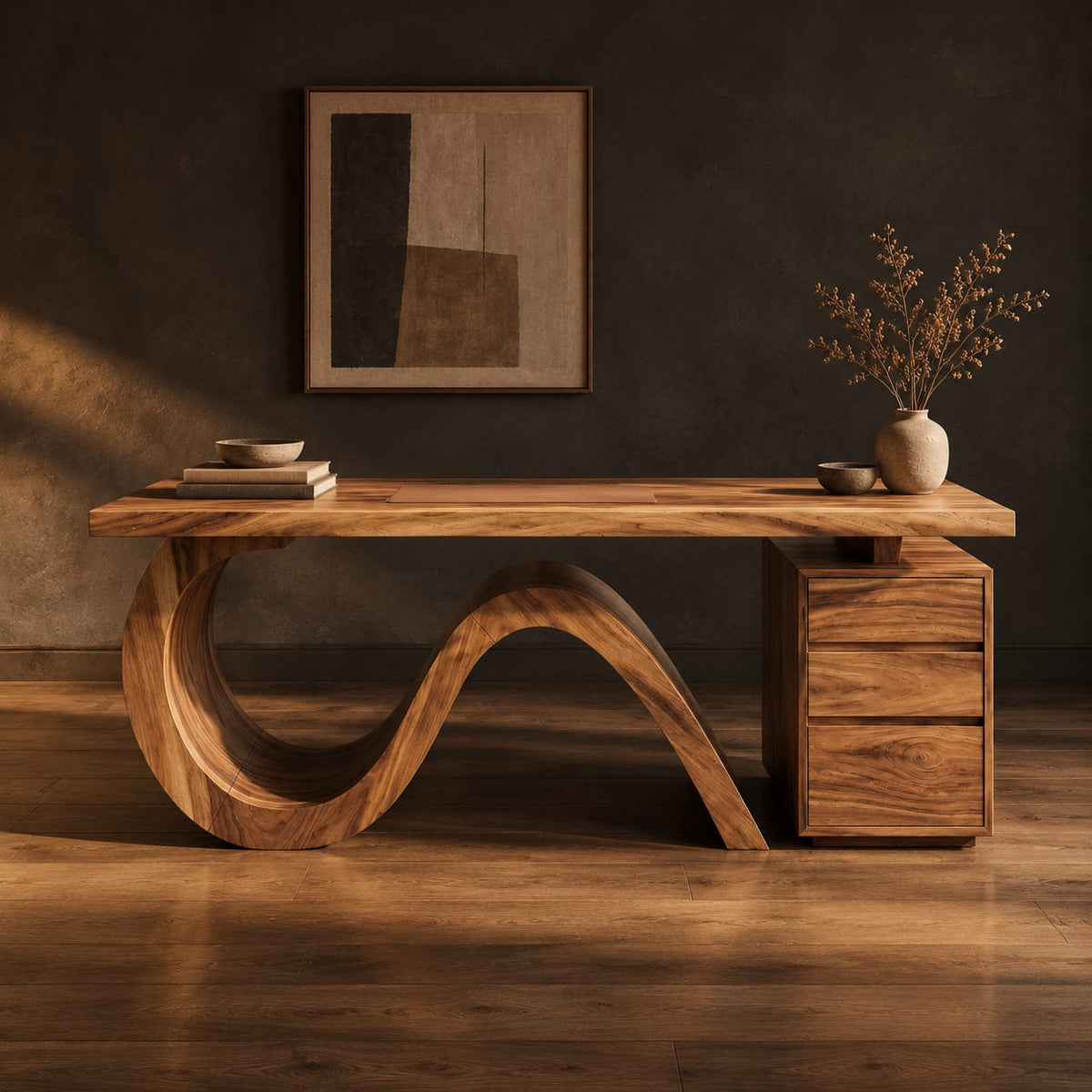 Desk with a looping wave base and a drawer pedestal in a dark studio against a charcoal plaster wall