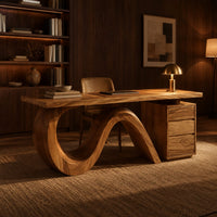 Desk with a looping wave base and a drawer pedestal in an evening home office with walnut wall paneling