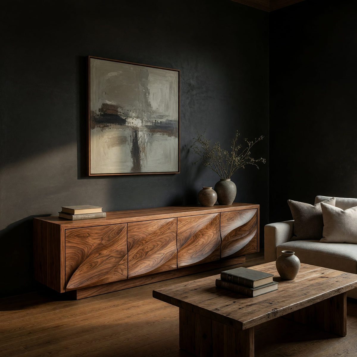 TV cabinet with four faceted sculpted doors in a dark studio against a charcoal wall