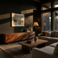 TV cabinet with four faceted sculpted doors in a living room at golden hour