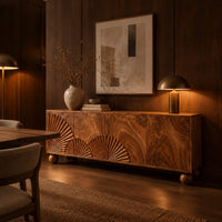 Wooden sideboard with fan carved relief on four door fronts and ball feet in an evening dining room with walnut wall paneling