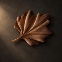 Fan shaped wooden leaf with raised ribs and a ruffled edge on a dark charcoal plaster wall