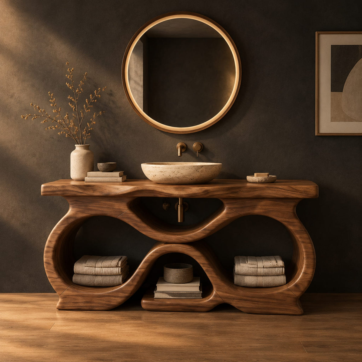 Freestanding bathroom vanity with a figure eight base and slab top in a dark studio against a charcoal plaster wall