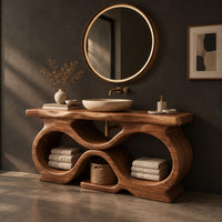Freestanding bathroom vanity with a figure eight base and slab top, three-quarter view showing the grain