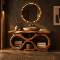 Freestanding bathroom vanity with a figure eight base and slab top in a dark bathroom at golden hour