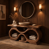 Freestanding bathroom vanity with a figure eight base and slab top in an evening bathroom with walnut wall paneling
