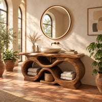 Freestanding bathroom vanity with a figure eight base and slab top in a bright bathroom with arched windows and plants