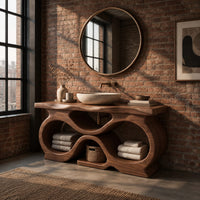 Freestanding bathroom vanity with a figure eight base and slab top in an industrial loft bathroom with exposed brick