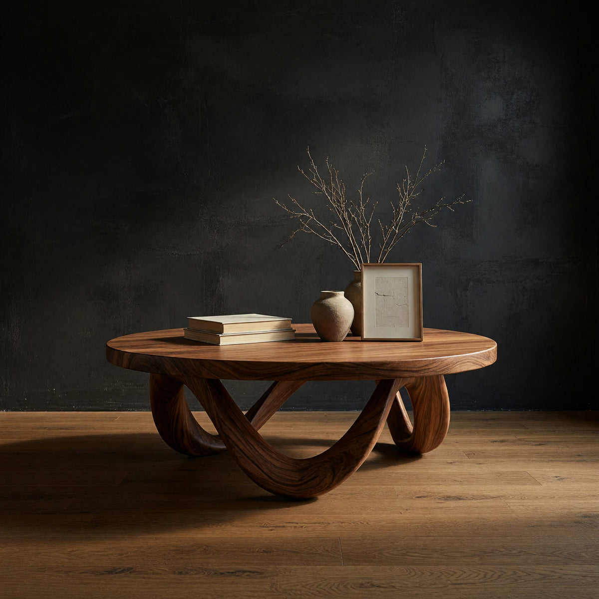 Figure eight base coffee table in a dark studio against a charcoal wall