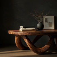 Figure eight base coffee table, three-quarter view showing the grain