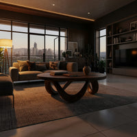 Figure eight base coffee table in a living room at golden hour