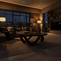 Figure eight base coffee table in an evening room lit by two lamps