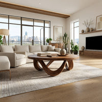 Figure eight base coffee table in a bright modern living room