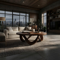 Figure eight base coffee table in a concrete and timber loft