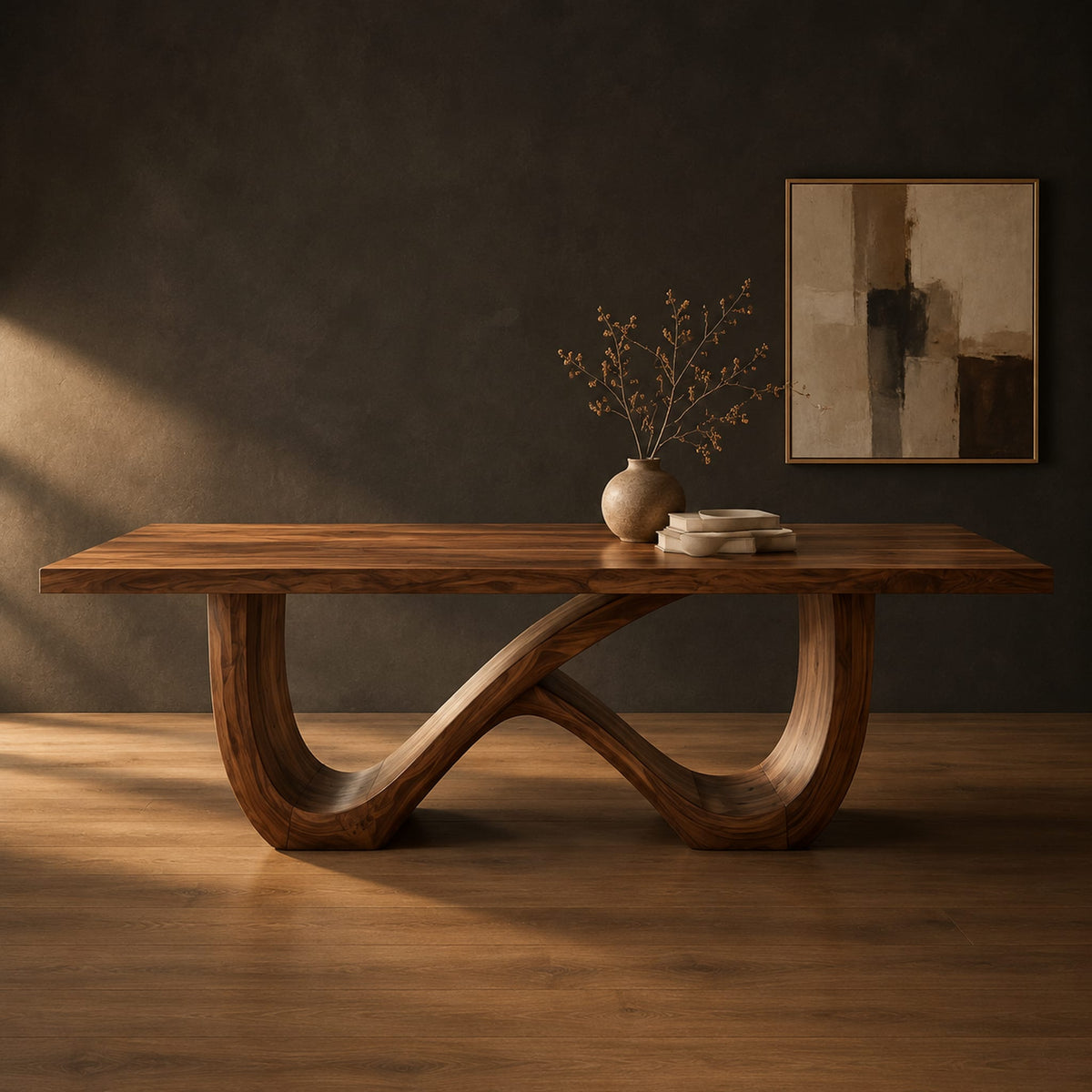 Rectangular dining table on an infinity loop base of curved wood in a dark studio against a charcoal plaster wall