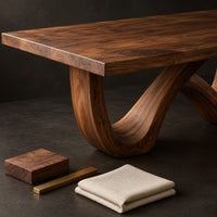 Corner detail of rectangular dining table on an infinity loop base of curved wood beside wood, brass and linen samples