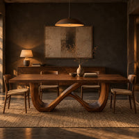 Rectangular dining table on an infinity loop base of curved wood in a dark dining room at golden hour