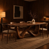 Rectangular dining table on an infinity loop base of curved wood in an evening dining room with walnut wall paneling