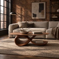 Coffee table with an oval top and a twisting figure eight loop base in an industrial loft living room with exposed brick