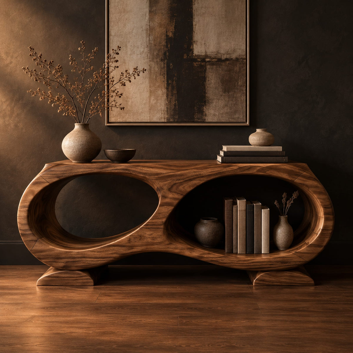 Console table shaped like a figure eight with two oval openings in a dark studio against a charcoal plaster wall