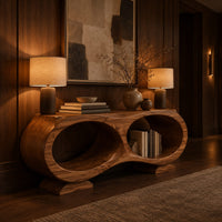 Console table shaped like a figure eight with two oval openings in an evening entryway with walnut wall paneling
