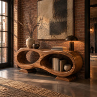 Console table shaped like a figure eight with two oval openings in an industrial loft entryway with exposed brick