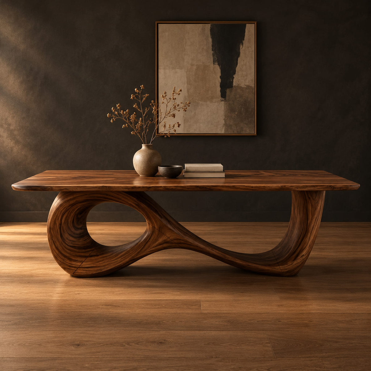 Dining table with a flowing figure eight loop base in a dark studio against a charcoal plaster wall