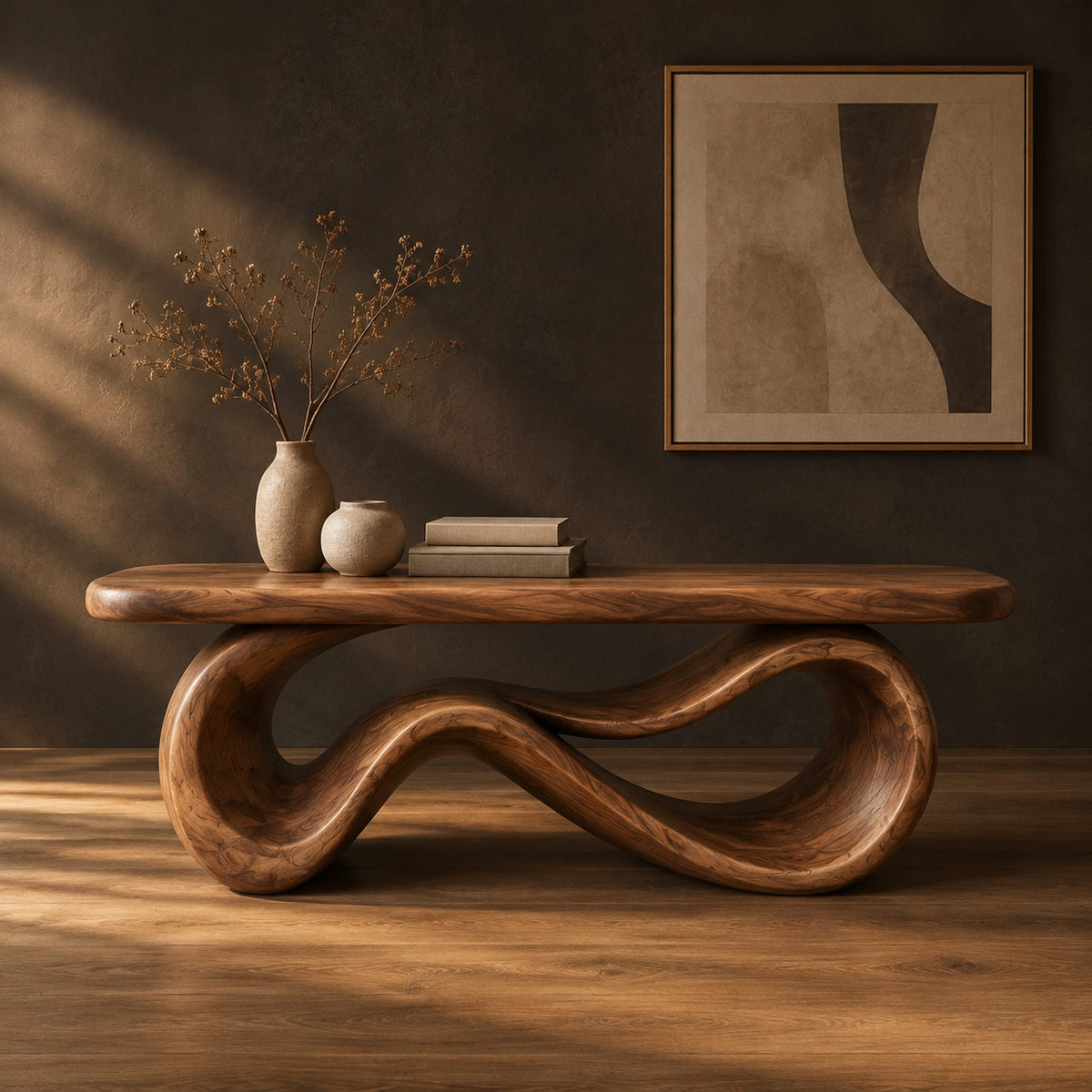 Bench with a smooth flat seat on a figure eight loop base in a dark studio against a charcoal plaster wall