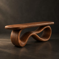 Bench with a smooth flat seat on a figure eight loop base, three-quarter view showing the grain
