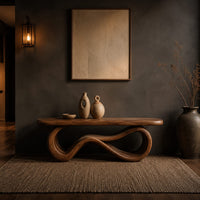 Bench with a smooth flat seat on a figure eight loop base in a dark entryway at golden hour