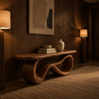 Bench with a smooth flat seat on a figure eight loop base in an evening entryway with walnut wall paneling