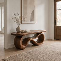 Bench with a smooth flat seat on a figure eight loop base in a Scandinavian entryway with white walls