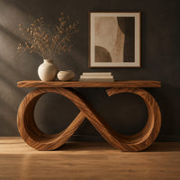 Console table with an infinity loop base and a plank top in a dark studio against a charcoal plaster wall