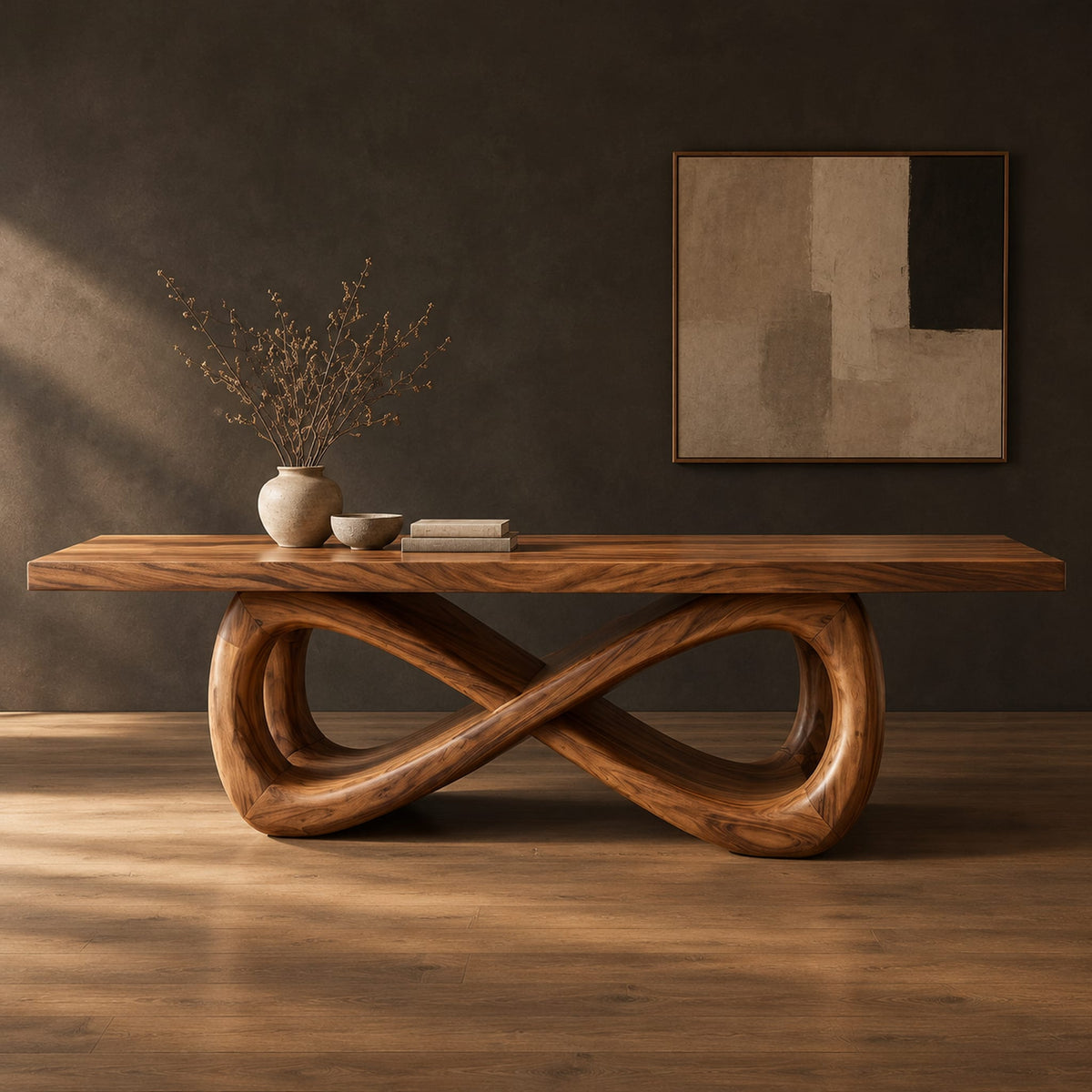 Rectangular dining table on a figure eight loop base with a thick plank top in a dark studio against a charcoal plaster wall