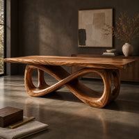 Corner detail of rectangular dining table on a figure eight loop base with a thick plank top beside wood, brass and linen samples
