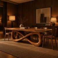 Rectangular dining table on a figure eight loop base with a thick plank top in an evening dining room with walnut wall paneling