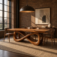 Rectangular dining table on a figure eight loop base with a thick plank top in an industrial loft dining room with exposed brick