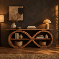 Tv stand shaped as a figure eight loop with open shelves in a dark living room at golden hour