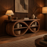 Tv stand shaped as a figure eight loop with open shelves in an evening living room with walnut wall paneling